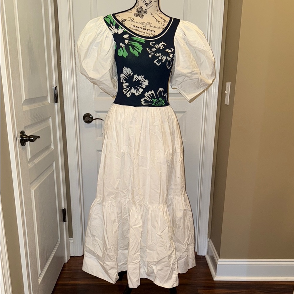 Tanya Taylor Elegant White and Navy Floral Dress